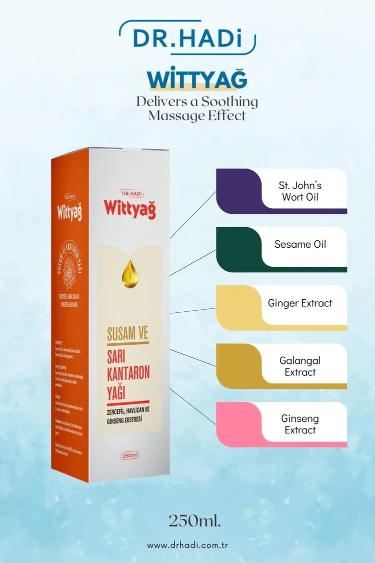 Wittyağ 250 ml Bitkisel Masaj Yağı | Sarı Kantaron / Ginseng & Zencefil Ekstreli | Doğal Cilt Bakımı